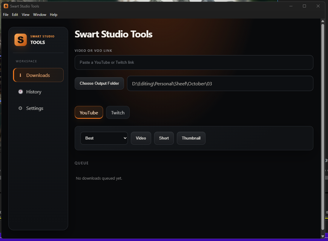 Swart Fetch app on Windows showing the downloads screen with a link field, output folder, quality options and a download queue