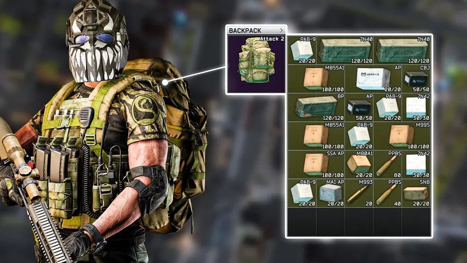 Thumbnail for SheefGG’s Escape from Tarkov video “Why I Run This Route Every Single Day!”: an armoured player in a skull mask next to a stash full of loot